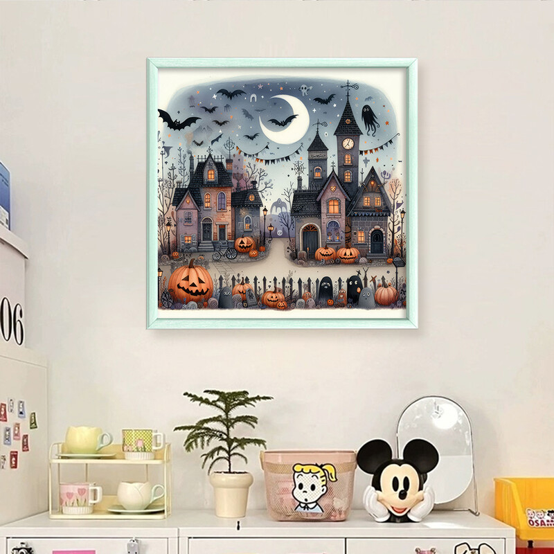 Krížikový steh s potlačou Halloween Chalupa z ekobavlny, 11CT, na kompletnú výšivku