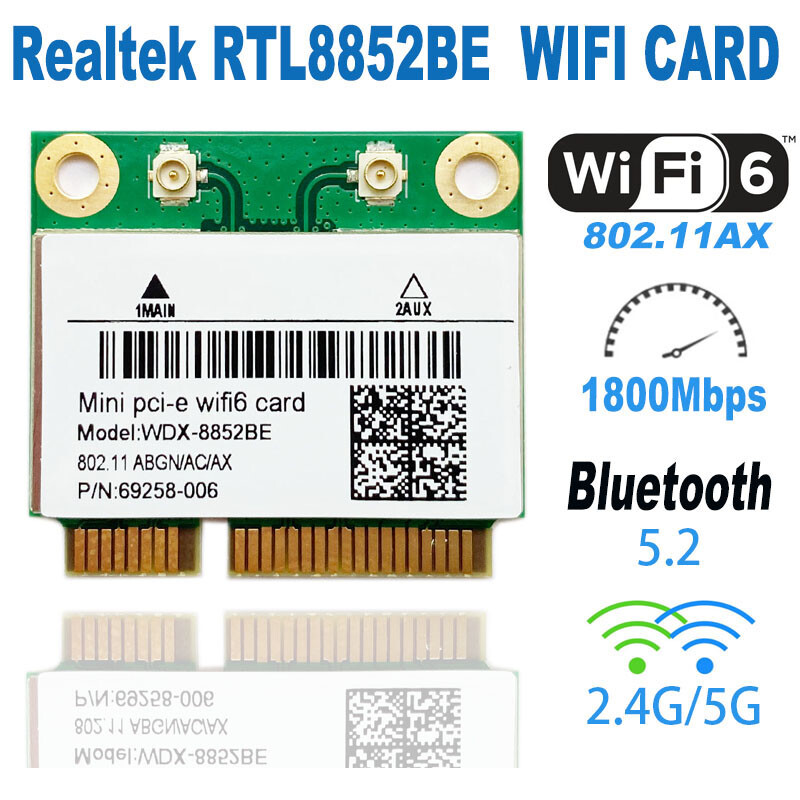 Placă de rețea Realtek RTL8852BE WiFi 6 1800Mbps BT 5.0 MiniPCIe fără fir dual band 802.11ac/ax 2.4G/5Ghz MU-MIMO pentru Win 10 pcie