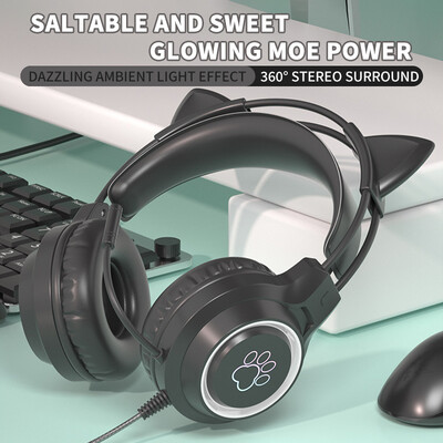 Újdonságok SY-G35 vezetékes macska füles fejhallgató RGB világítás 360°-os zajszűrő mikrofon HiFi hangminőségű PC laptop játék fejhallgató
