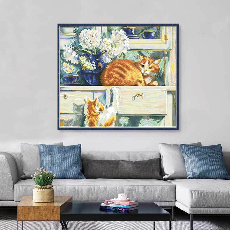 Macska fiókban Számlált keresztszemes minták Hímzőkészletek Nyomtatott szövet 11CT 14CT DIY kézzel készített kézműves szett lakberendezési festmények