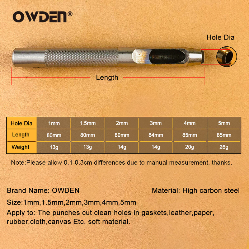 6 buc. Instrumente de perforare a găurilor din piele Perforator de găuri rotunde din oțel - tăietoare rotunde ascuțite, durabile pentru curele de ceas, curele, hârtie
