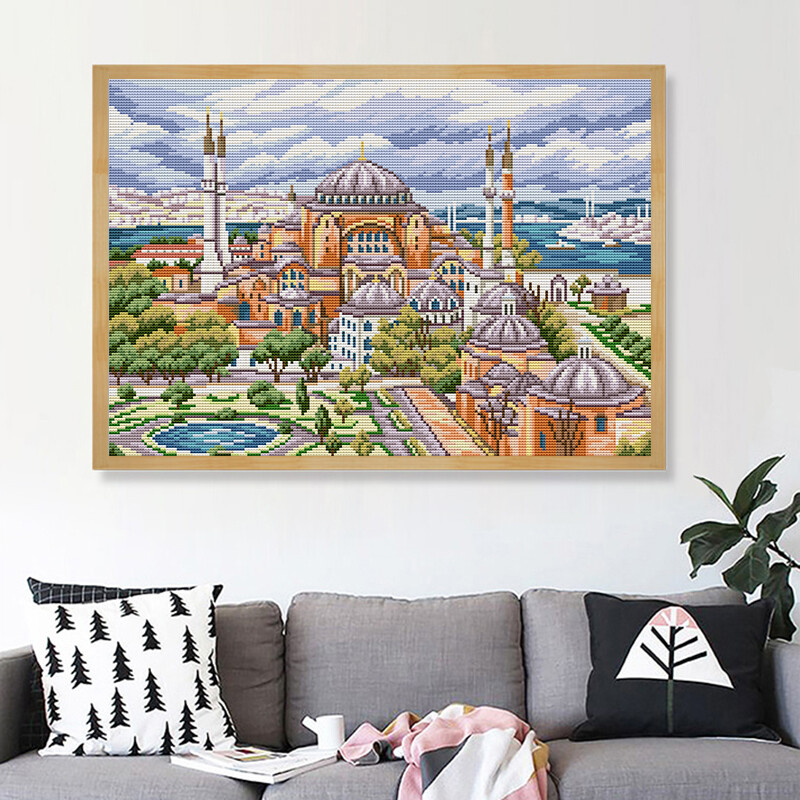 Súprava na krížikovú výšivku Istanbul Cityscape, 14 ks, 11 ks, plátno na počítanie, vyšívacia sada, ručné práce, bytová dekorácia, darček