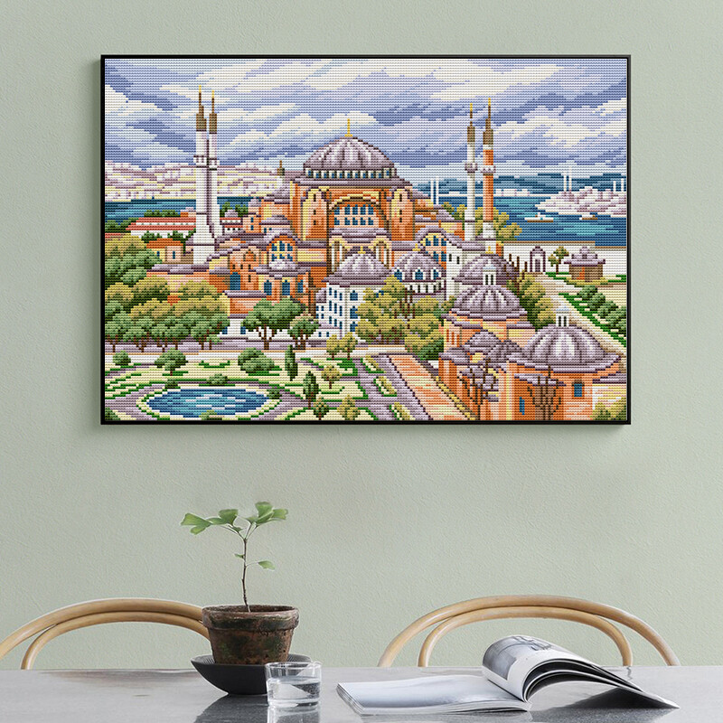 Súprava na krížikovú výšivku Istanbul Cityscape, 14 ks, 11 ks, plátno na počítanie, vyšívacia sada, ručné práce, bytová dekorácia, darček