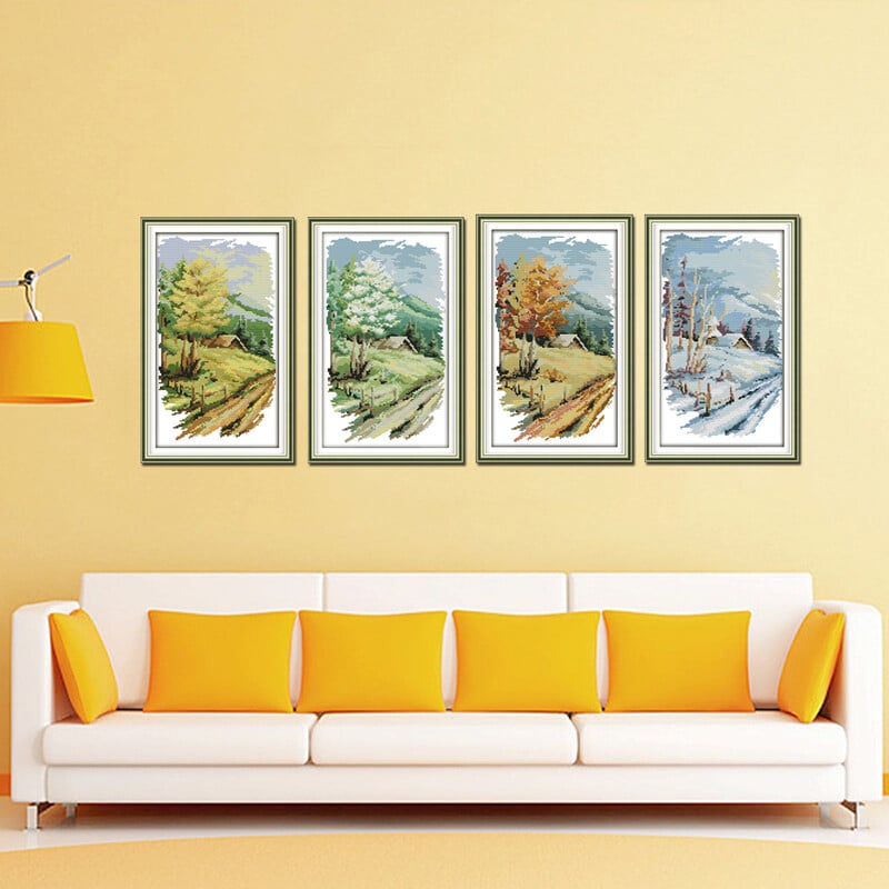 Joy Sunday Versiune lungă a celor patru anotimpuri Kit de broderie cu punct de cruce Imprimare pânză pictură modernă de artă de perete pentru decorarea interioară