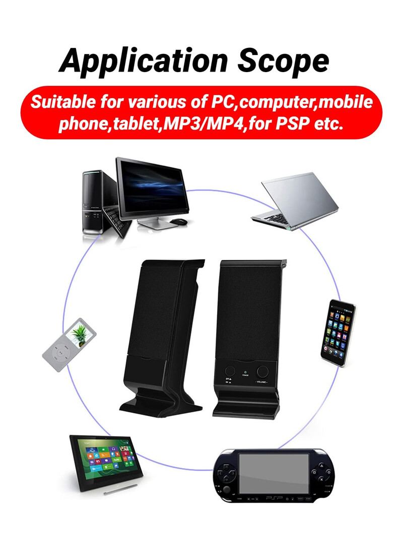 Datora skaļruņi Kompakti un smalki klēpjdatora skaļruņi ar skaļuma regulēšanu un 3,5 Mm audio spraudni, ar USB darbināmu galddatora skaļruni