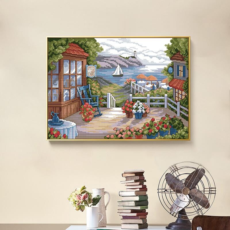 Terasa s rascvjetanim cvijećem DIY pejzažni uzorak šivanje križem Kompleti za ručni rad 14CT 11CT set za vezenje Slikanje za uređenje doma