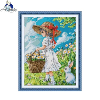 Joy Sunday Cross Stitch Kit Girl And Rabbit HD Pattern Aida 16/14/11CT Counted Printed Canva Направи си сам Комплект за бродерия Ръчни занаяти Нови