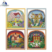 „Joy Sunday Four Seasons“ spausdintų audinių kryžminio dygsnio rinkiniai „Aida 16CT 14CT“ namelis „pasidaryk pats“ klasikinis dekoravimas, rankų darbo siuvinėjimo rinkinys
