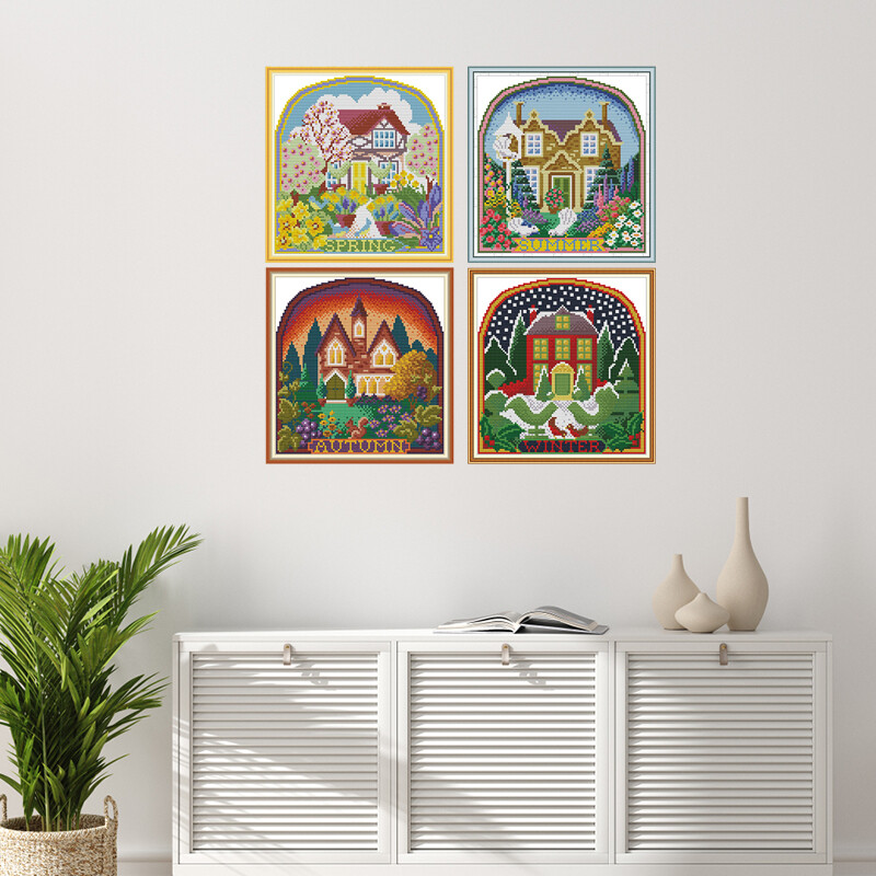 „Joy Sunday Four Seasons“ spausdintų audinių kryžminio dygsnio rinkiniai „Aida 16CT 14CT“ namelis „pasidaryk pats“ klasikinis dekoravimas, rankų darbo siuvinėjimo rinkinys