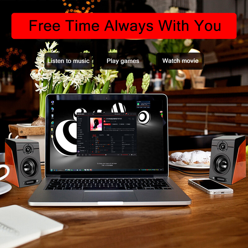 Difuzoare cu fir din lemn de lemn, subwoofer stereo, bass USB, casetă de sunet, intrare AUX, difuzoare pentru computer, pentru telefoane PC desktop