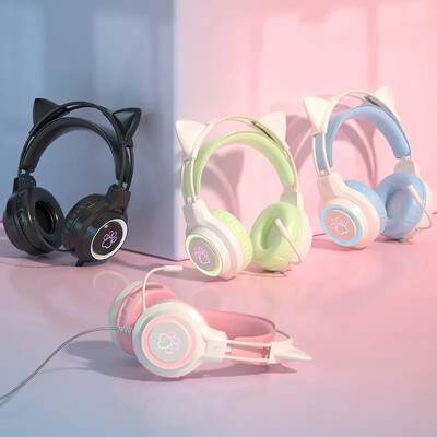 SY-G35 Ενσύρματα Ακουστικά Cat Ear RGB Φωτισμός 360° Noise Cancel Mic HiFi Stereo Sound PC Laptop Gaming Ακουστικά Ακουστικά Ακουστικά