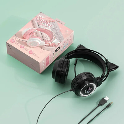 SY-G35 Káblové slúchadlá s mačacími ušami, RGB osvetlenie, 360° potlačenie hluku, mikrofón, HiFi stereo zvuk, PC, notebook, herné slúchadlá, slúchadlá do uší
