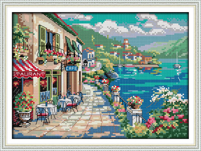 „Joy Sunday“ iš anksto atspausdintas siuvinėjimo kryželiu rinkinys „Easy Pattern“ „Aida“ štampuoto audinio siuvinėjimo rinkinys „Seaside Cafe 2“