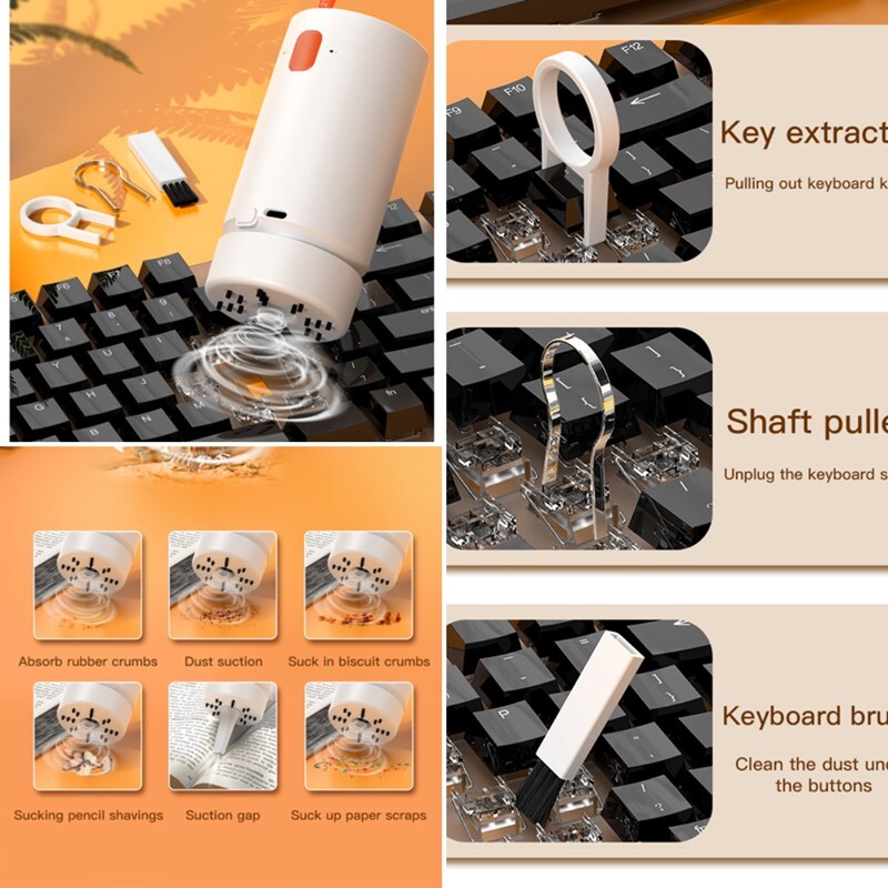 Uzlādējams mini putekļsūcējs, 21-in-1 datora tastatūra Galddatora austiņas Mobilā tālruņa tīrīšanas suku komplekts Kameras kopšanas instrumenti
