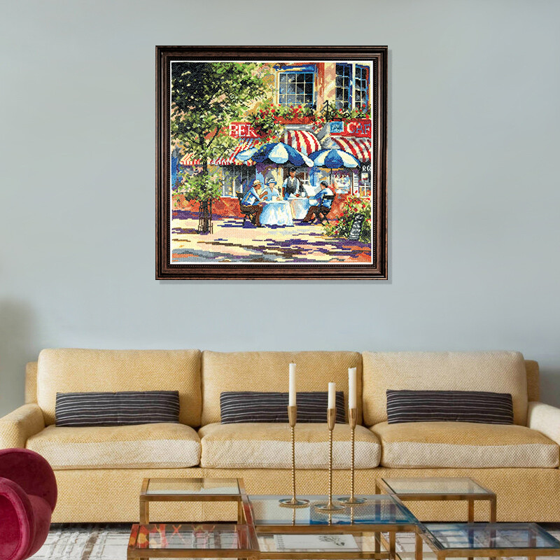 Kavinė saulėje skaičiuojami kryžminio dygsnio modelių rinkiniai Nespausdintos drobės siuvinėjimo paketas 11 14CT „pasidaryk pats“ rankų darbo amatų rinkiniai, tapyba