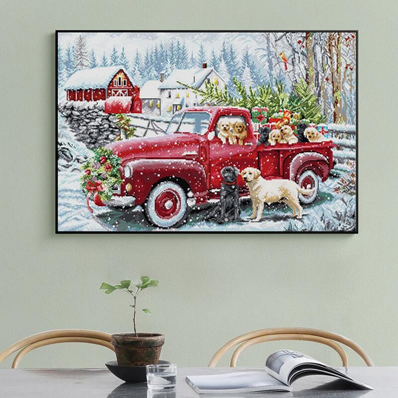 Šuniuko ir Kalėdų pristatymo automobilio džiaugsmo sekmadienio kryžminio dygsnio rinkinys Aida 14CT 11CT suskaičiuotas spausdinto audinio siuvinėjimo rinkinys „pasidaryk pats“ namų dekoras