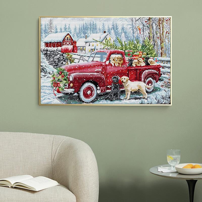 Šuniuko ir Kalėdų pristatymo automobilio džiaugsmo sekmadienio kryžminio dygsnio rinkinys Aida 14CT 11CT suskaičiuotas spausdinto audinio siuvinėjimo rinkinys „pasidaryk pats“ namų dekoras