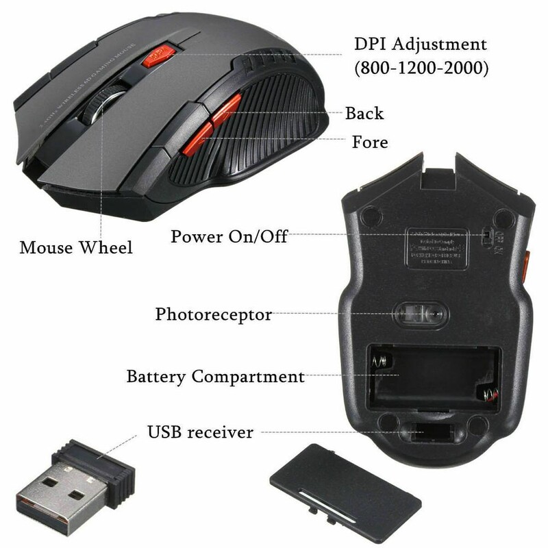 1pcs 2.4G Mouse fără fir optic cu 6 butoane Mouse Gamer Receptor USB 1600DPI Mouse fără fir pentru jocuri Mouse pentru laptop