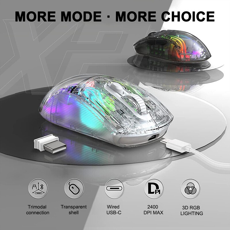 Bezdrôtová herná myš, priehľadná, dvojitý režim, 2,4 G Bluetooth 3D RGB podsvietená bezdrôtová počítačová myš pre notebooky a Mac