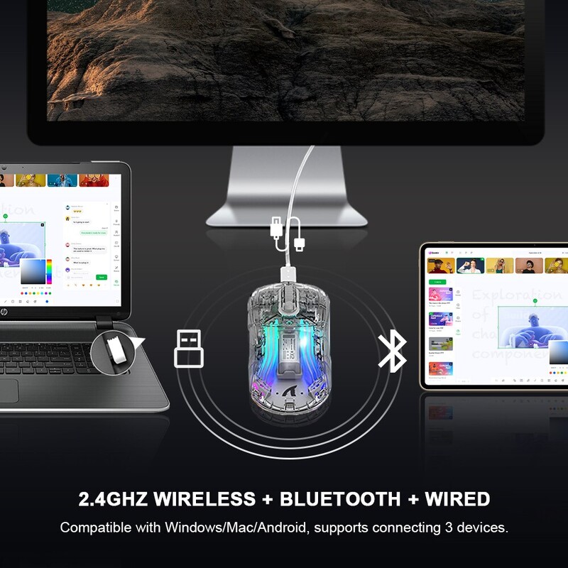Bezdrôtová herná myš, priehľadná, dvojitý režim, 2,4 G Bluetooth 3D RGB podsvietená bezdrôtová počítačová myš pre notebooky a Mac