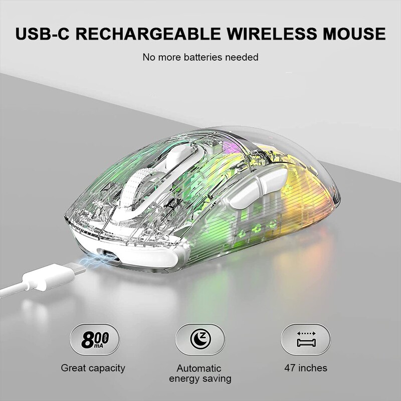 Bezdrôtová herná myš, priehľadná, dvojitý režim, 2,4 G Bluetooth 3D RGB podsvietená bezdrôtová počítačová myš pre notebooky a Mac