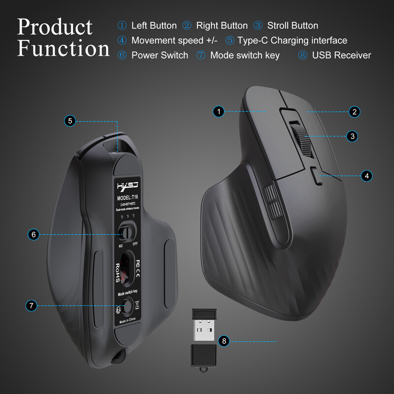 Mouse Mini Mute T16 Dual Mode 2.4G+BT5.1 Mouse fără fir portabil 4800dpi reglabil pentru laptop și computere desktop
