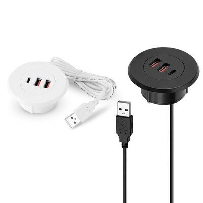 3 portos USB asztali átvezető lyuk, kerek asztali töltőállomás USB és C típusú beágyazott hálózati adapter