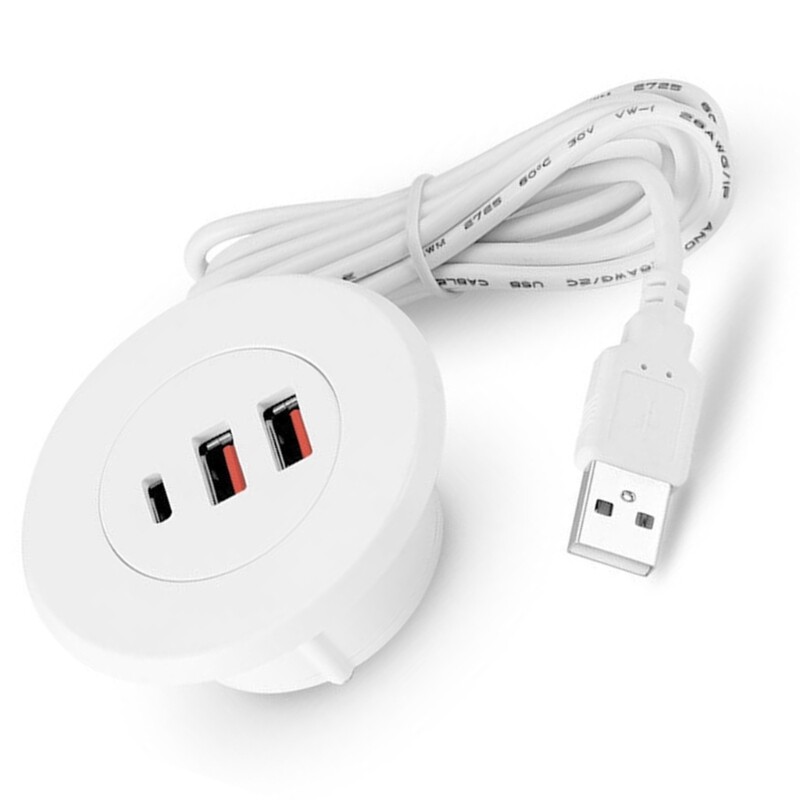 3 portos USB asztali átvezető lyuk, kerek asztali töltőállomás USB és C típusú beágyazott hálózati adapter