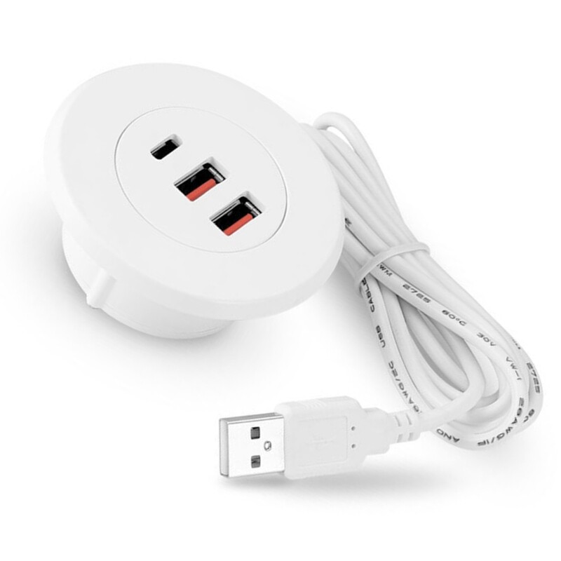 3 portos USB asztali átvezető lyuk, kerek asztali töltőállomás USB és C típusú beágyazott hálózati adapter