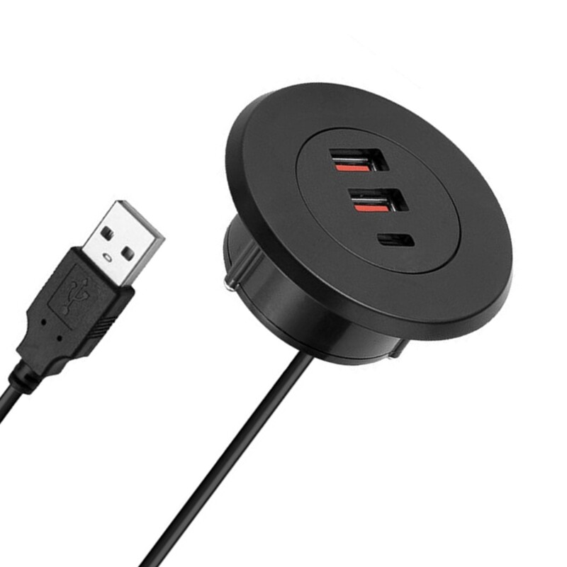 3 portos USB asztali átvezető lyuk, kerek asztali töltőállomás USB és C típusú beágyazott hálózati adapter