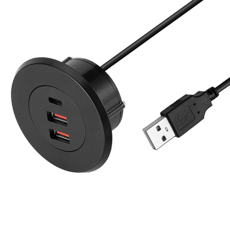 3 portos USB asztali átvezető lyuk, kerek asztali töltőállomás USB és C típusú beágyazott hálózati adapter