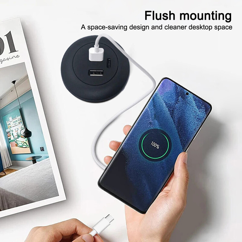 Asztali lyuk, beágyazott USB-elosztó C-típusú USB-töltő 3 az 1-ben elosztó laptop PC-hez mobiltelefon töltéshez, irodai aljzat