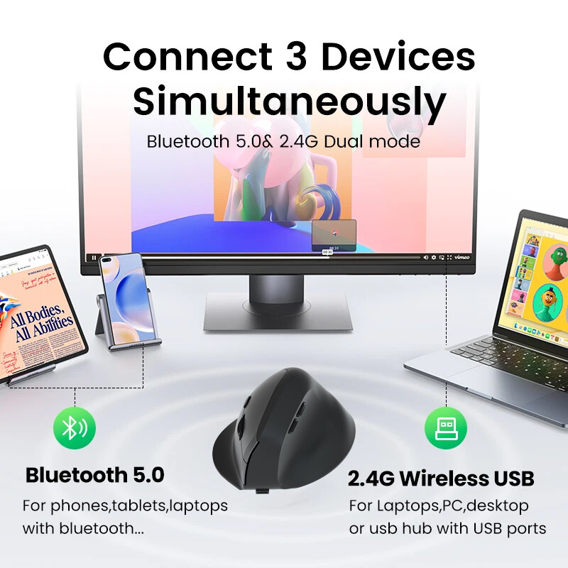 Vertikálna myš Bezdrôtová Bluetooth 5.0 2.4G Ergonomická myš 4000DPI 6D Tlačidlá stlmenia pre MacBook Tablet Laptop Počítačové príslušenstvo