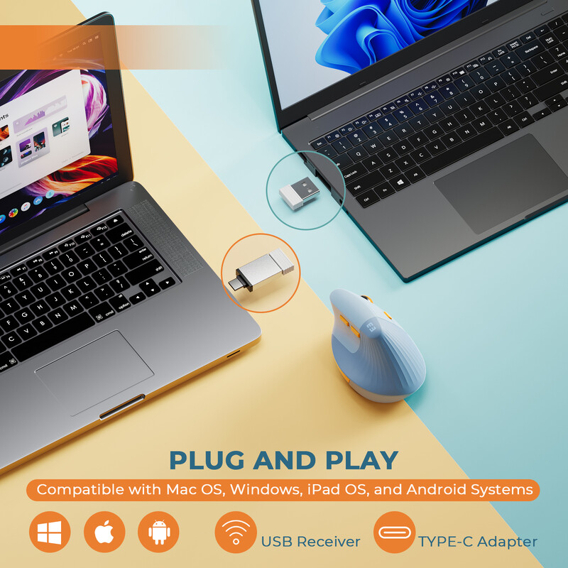 Seenda Vertical Wireless Mouse Type C Επαναφορτιζόμενα εργονομικά ποντίκια USB & Type C για φορητό φορητό υπολογιστή MacBook Windows Android