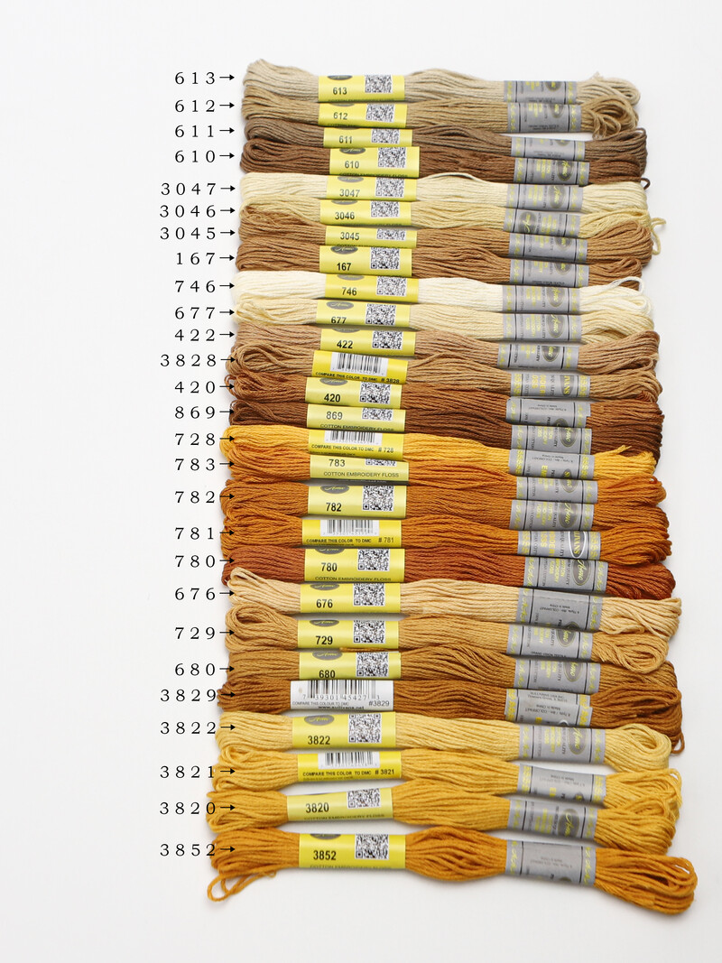 Bézs aranysárga 12 DB 8M gombolyag dupla mercerizált egyiptomi pamut hímzőselyem keresztszemes cérna 51 színben elérhető