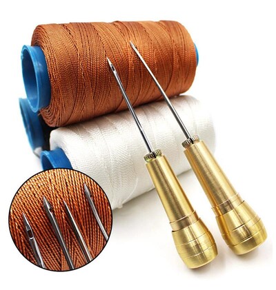 Δερμάτινο κιτ ραπτικής DIY Δερμάτινη βελόνα ραπτικής βελόνας με χάλκινη λαβή Σετ δερμάτινα παπούτσια για σκηνή από καμβά Εργαλείο επισκευής με νάιλον κλωστή
