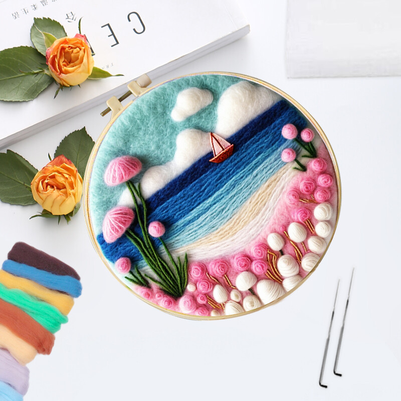 CHENISTORY adatų veltinio pradinis rinkinys Vilnos dažymo rožinės spalvos kraštovaizdžio rinkinį sudaro vilnos maišelis vėlimo adatos putplasčio padėklas, veltinio audinys pasidaryk pats