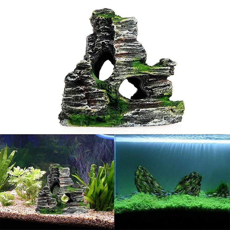 Mini dekoratívne akvárium s rybkami so zelenou trávou, dekoratívna živica, príslušenstvo do akvária, akvárium, živicová jaskyňa, dekorácia s výhľadom na hory