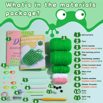 Frog Crochet Starter Kit με Βήμα-Βήμα εκπαιδευτικά βίντεο, Κιτ βελονάκι για αρχάριους, Πτυσσόμενη τσάντα αποθήκευσης για χειροτεχνίες DIY