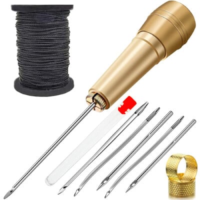 11 db-os bőrvarrókészlet Barkácsolás bőrvarrótű réz fogantyúval bőrcipőjavító eszközhöz fekete/barna cérna