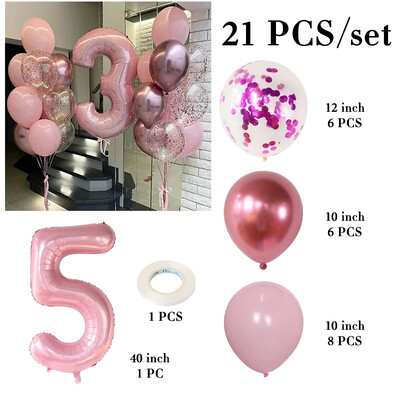 21db rózsaszín 40 hüvelykes szám fólia latex lufi Boldog születésnapi parti díszek gyerekeknek lányoknak baba 1 2 3 4 5 6 7 8 9 éves kellékek