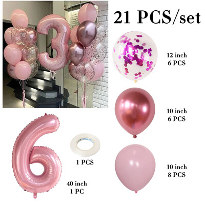 21db rózsaszín 40 hüvelykes szám fólia latex lufi Boldog születésnapi parti díszek gyerekeknek lányoknak baba 1 2 3 4 5 6 7 8 9 éves kellékek