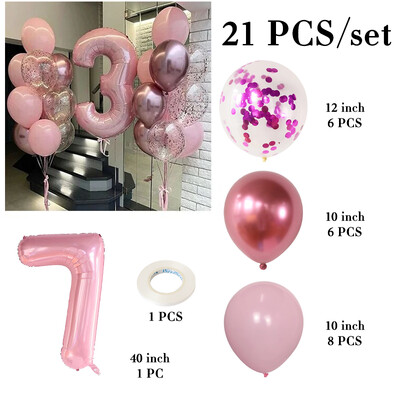 21db rózsaszín 40 hüvelykes szám fólia latex lufi Boldog születésnapi parti díszek gyerekeknek lányoknak baba 1 2 3 4 5 6 7 8 9 éves kellékek