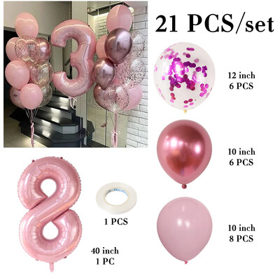 21db rózsaszín 40 hüvelykes szám fólia latex lufi Boldog születésnapi parti díszek gyerekeknek lányoknak baba 1 2 3 4 5 6 7 8 9 éves kellékek