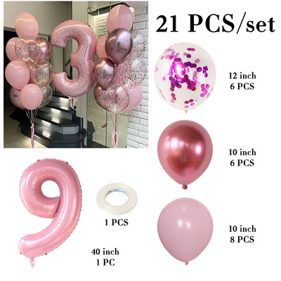 21db rózsaszín 40 hüvelykes szám fólia latex lufi Boldog születésnapi parti díszek gyerekeknek lányoknak baba 1 2 3 4 5 6 7 8 9 éves kellékek