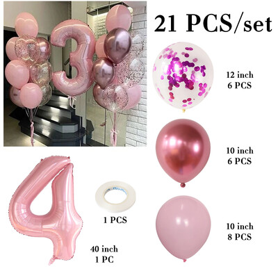 21db rózsaszín 40 hüvelykes szám fólia latex lufi Boldog születésnapi parti díszek gyerekeknek lányoknak baba 1 2 3 4 5 6 7 8 9 éves kellékek