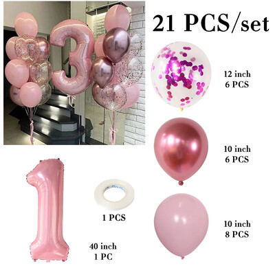 21db rózsaszín 40 hüvelykes szám fólia latex lufi Boldog születésnapi parti díszek gyerekeknek lányoknak baba 1 2 3 4 5 6 7 8 9 éves kellékek