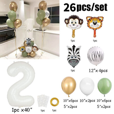 26 bucăți 40 inch cu număr de baloane din folie de animale Decoratiuni pentru prima zi de naștere pentru copii, băieți, fete, 1 2 3 4 5 6 7 8 9 ani, consumabile pentru safari