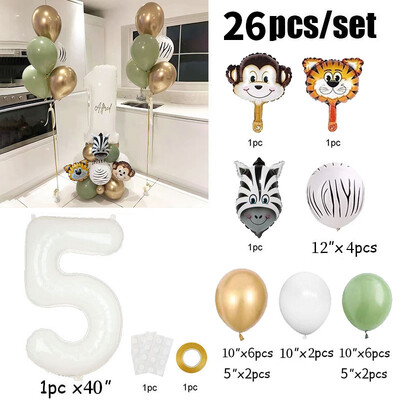 26 bucăți 40 inch cu număr de baloane din folie de animale Decoratiuni pentru prima zi de naștere pentru copii, băieți, fete, 1 2 3 4 5 6 7 8 9 ani, consumabile pentru safari