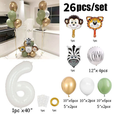 26 bucăți 40 inch cu număr de baloane din folie de animale Decoratiuni pentru prima zi de naștere pentru copii, băieți, fete, 1 2 3 4 5 6 7 8 9 ani, consumabile pentru safari